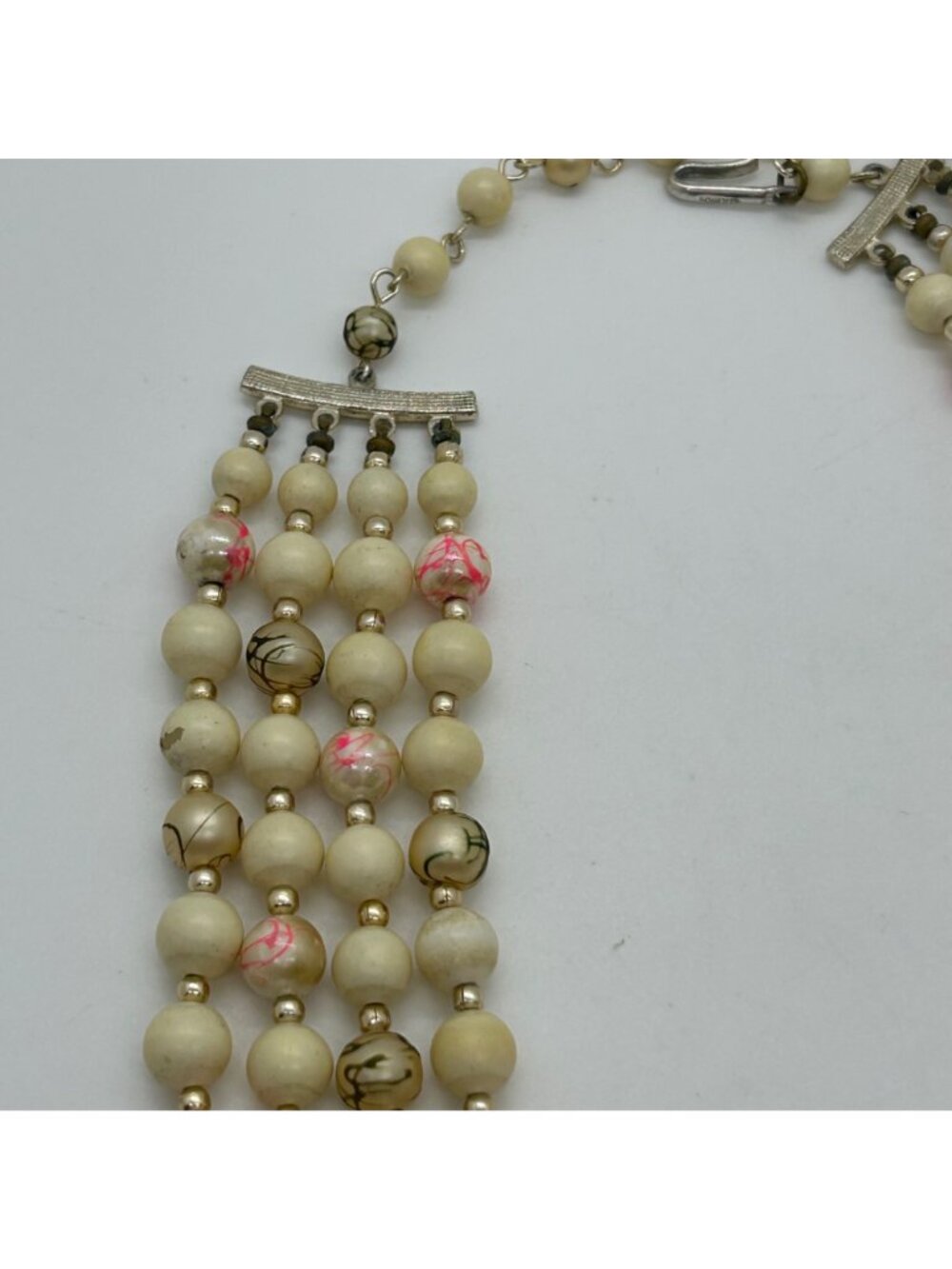 Vintage 4-Strand Japan Necklace Pink Swirl Beads Glass Acrylic Gold-Tone 1950s - Picture 13 of 16